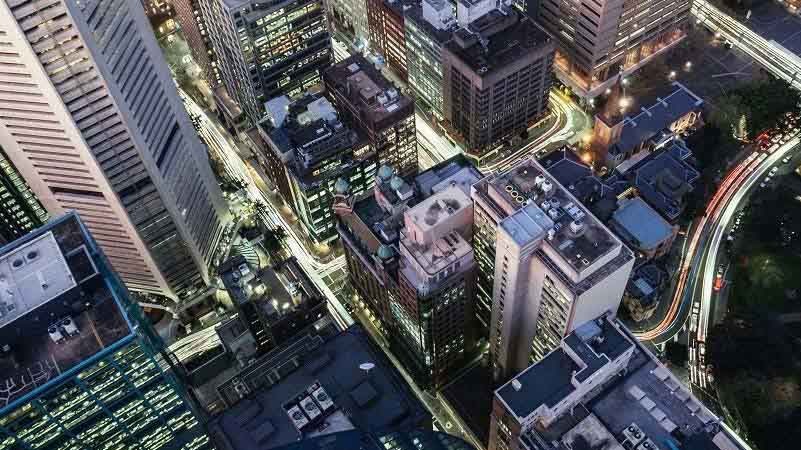 Aerial view of real estate buildings in a smart city