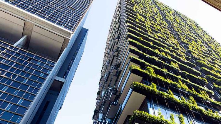 Low angle view of apartment building with vertical garden, sky background with copy space, Green wall-BioWall or living wall is a wall covered with living plants on residential tower in sunny day, Sydney Australia, full frame horizontal composition