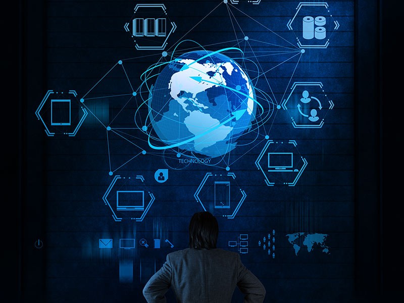Businessman thinking of a Cloud Computing diagram on the new computer as concept